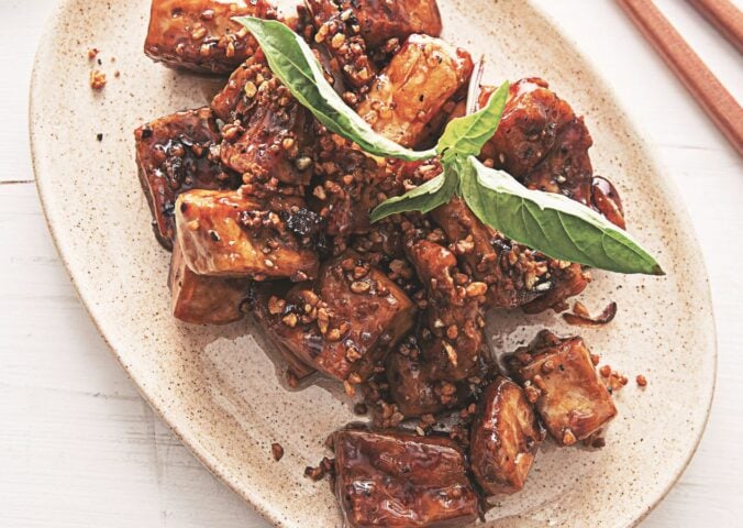 garlic and pepper tofu stir fry with Thai flavors